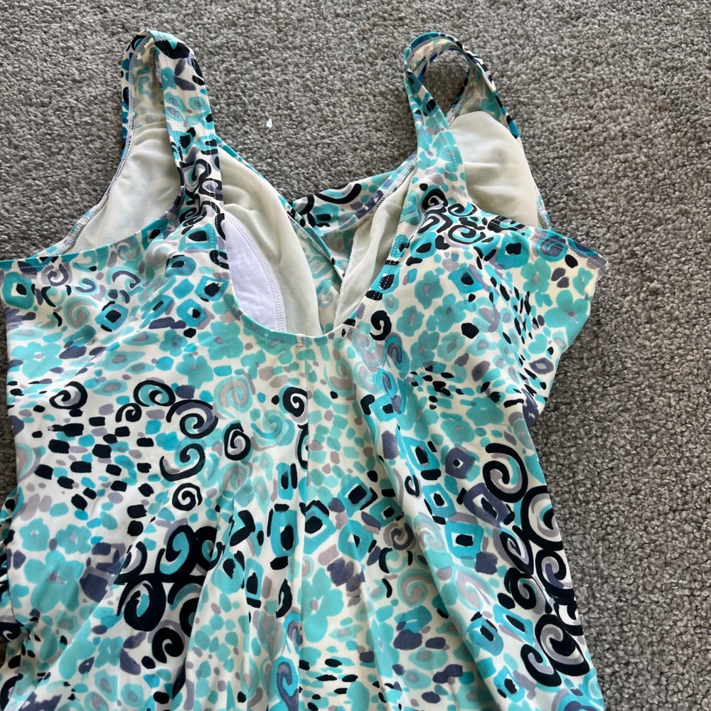 Longitude One Piece Swimsuit Womens 10 Blue Teal Abstract Wrap tummy control - Picture 5 of 13